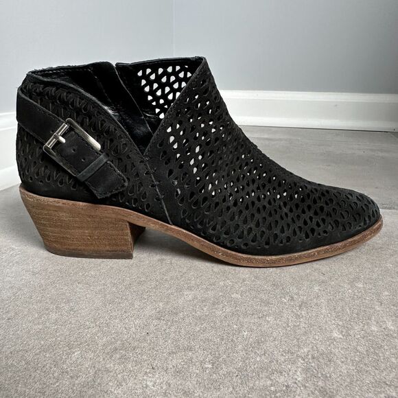 Vince Camuto Phandra Black Suede Perforated Heel Buckle Ankle Zip Booties 8.5 - Picture 3 of 11